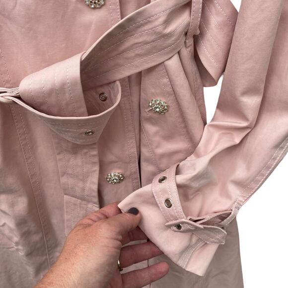 NWT Light Pink Mid Length Trench Coat 6 Embellished Rhinestone Feminine Whimsy - Picture 14 of 16
